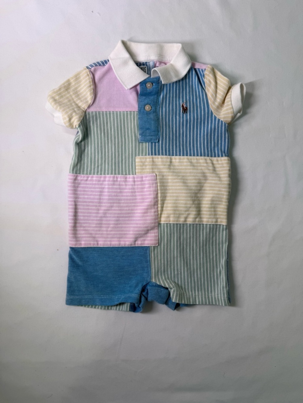 Ralph Lauren Pastel Patchwork Polo Romper - Blue, Pink, Green, Cream